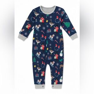 Mini Boden baby sleeper with a holiday-themed Toy Soldier print